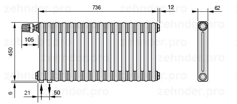 Схема (чертеж) Радиатор Zehnder Charleston 2045/16 №V001 Белый глянцевый RAL 9016